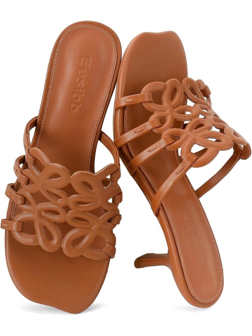 Women's Brown Rubber Strap Open Toe Kitten Heel Slip On Comfortable Sandals